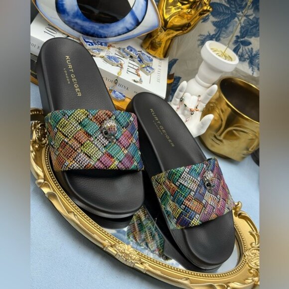 🆕 KURT GEIGER LONDON 🧿 NWOB Meena Eagle Slide, Black Rainbow Weave Sz 39 US8.5 - Picture 6 of 14